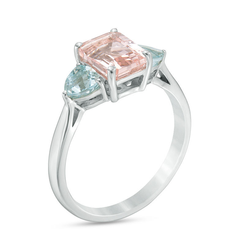 Main Image 2 of Emerald-Cut Morganite and Aquamarine Three Stone Ring in 10K White Gold