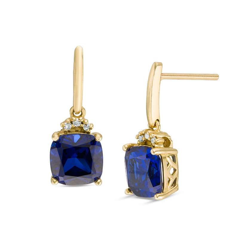Main Image 1 of 6.0mm Cushion-Cut Lab-Created Ceylon Sapphire and Diamond Accent Drop Earrings in 10K Gold