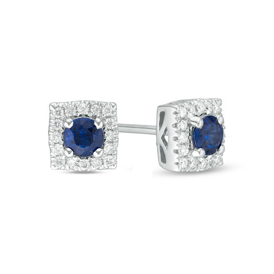 Blue Sapphire and 1/10 CT. T.w. Diamond Square Frame Stud Earrings in 10K White Gold
