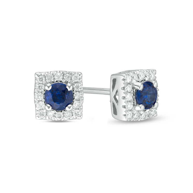 Main Image 1 of Blue Sapphire and 1/10 CT. T.W. Diamond Square Frame Stud Earrings in 10K White Gold