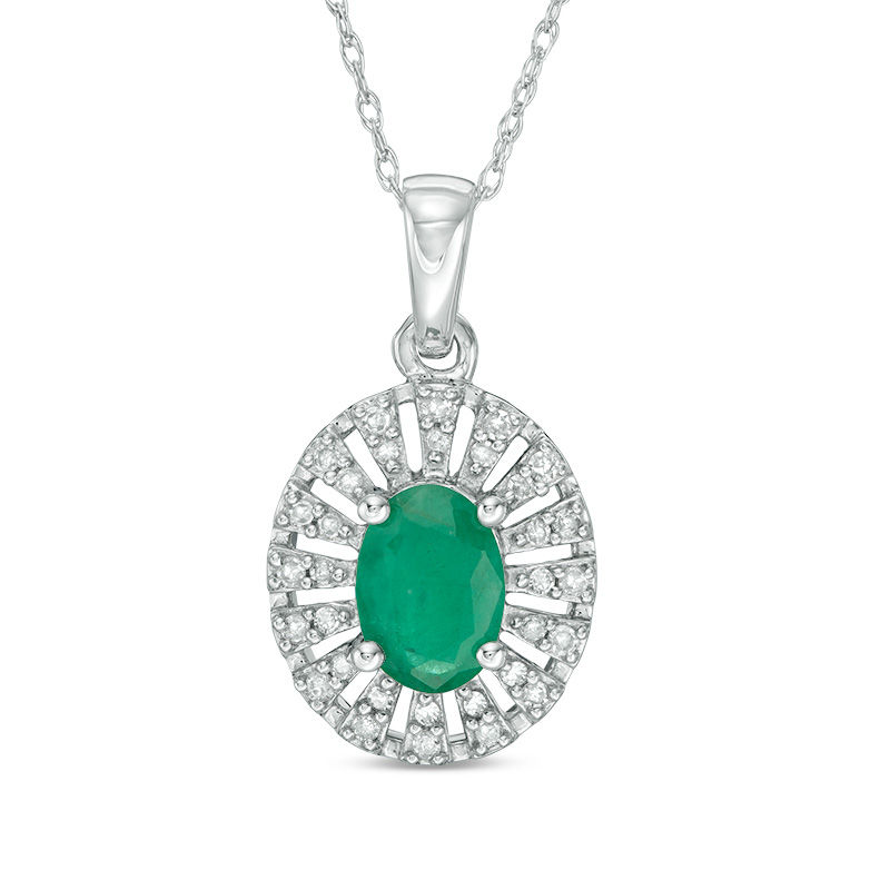 Main Image 1 of Oval Emerald and 1/10 CT. T.W. Diamond Frame Pendant in 10K White Gold