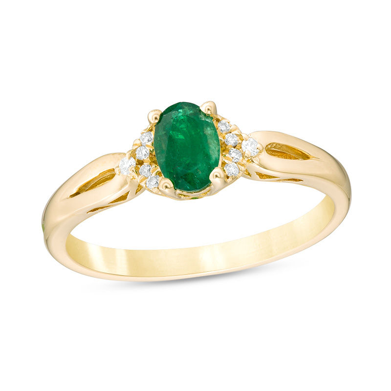Main Image 1 of Oval Emerald and Diamond Accent Split Shank Ring in 10K Gold