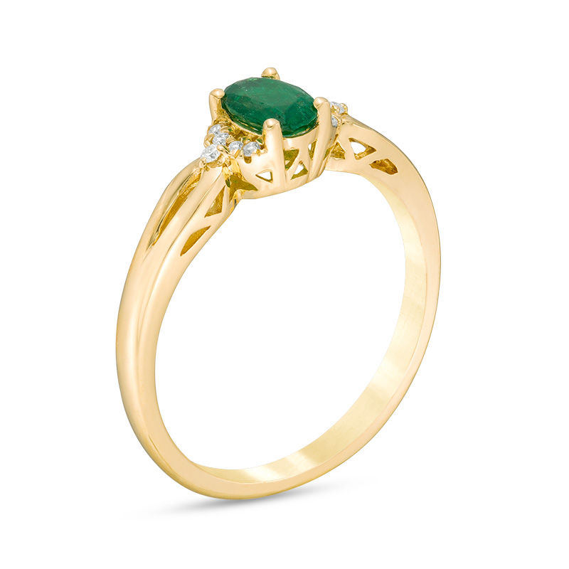 Main Image 2 of Oval Emerald and Diamond Accent Split Shank Ring in 10K Gold