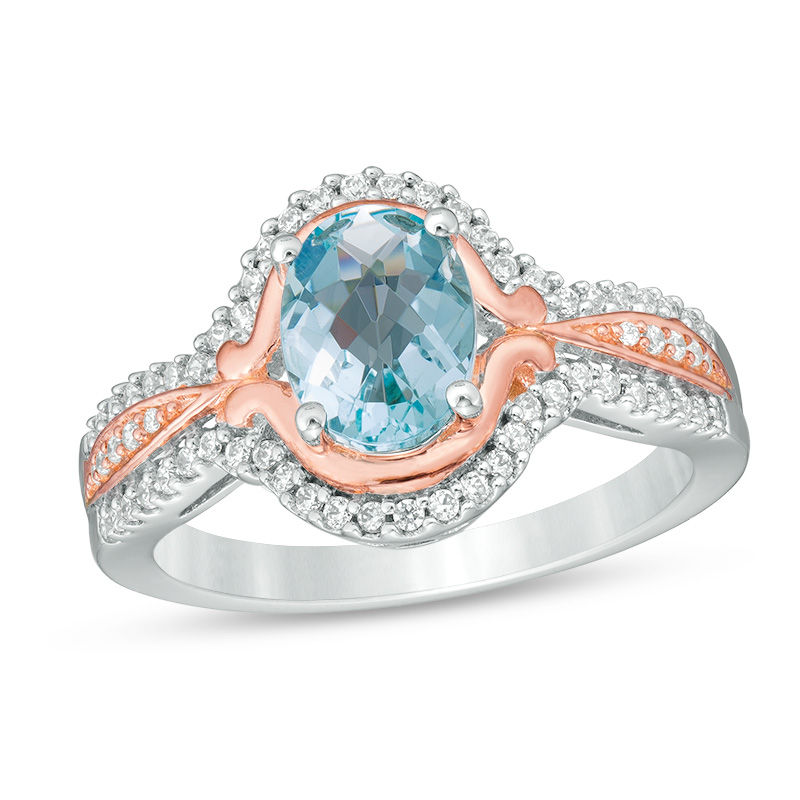 Main Image 1 of Oval Aquamarine and Lab-Created White Sapphire Frame Ring in Sterling Silver and 14K Rose Gold Plate