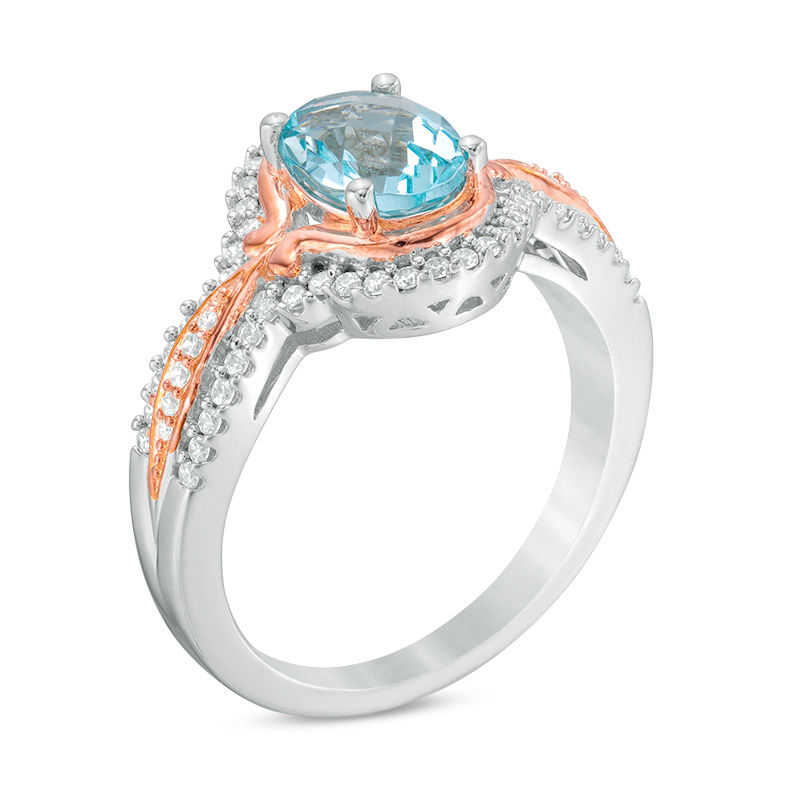 Main Image 2 of Oval Aquamarine and Lab-Created White Sapphire Frame Ring in Sterling Silver and 14K Rose Gold Plate