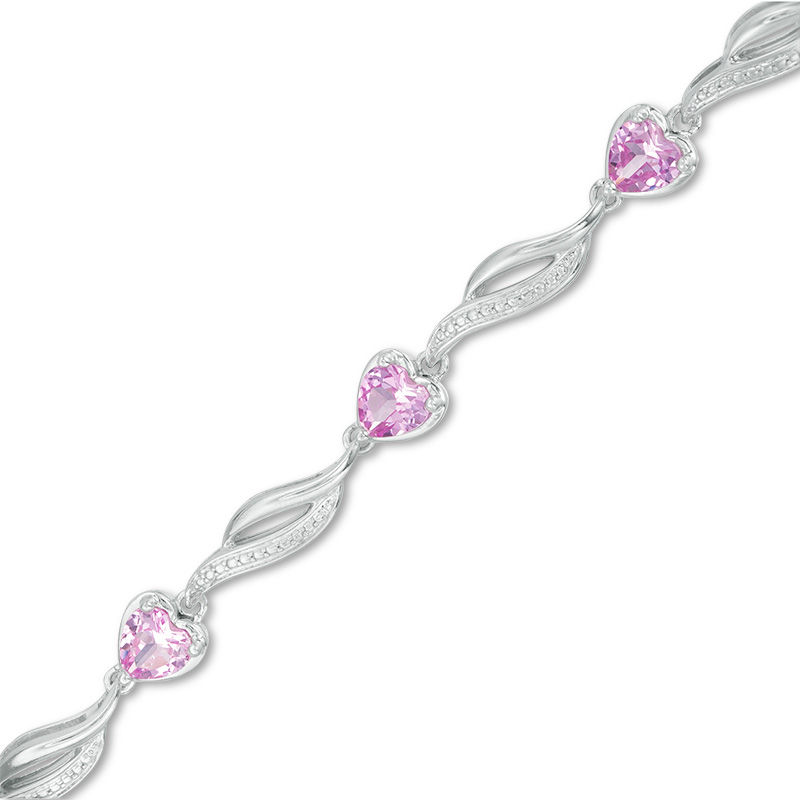 Main Image 1 of 5.0mm Heart-Shaped Lab-Created Pink Sapphire Cascading Beaded Flame Bracelet in Sterling Silver