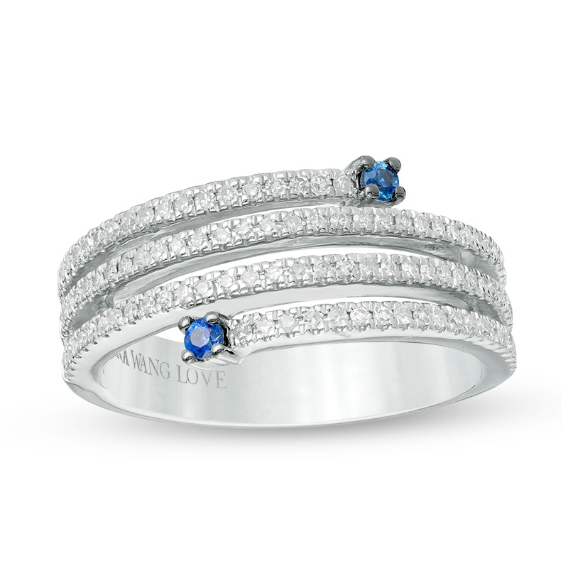 Vera Wang Love Collection 1/3 CT. T.W. Diamond and Blue Sapphire Multi-Row Spiral Ring in 14K White Gold