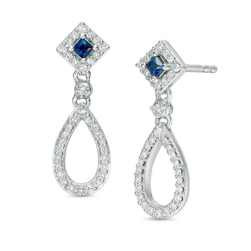 Vera Wang Love Collection 1/5 CT. T.W. Diamond and Princess-Cut Blue Sapphire Teardrop Earrings in Sterling Silver