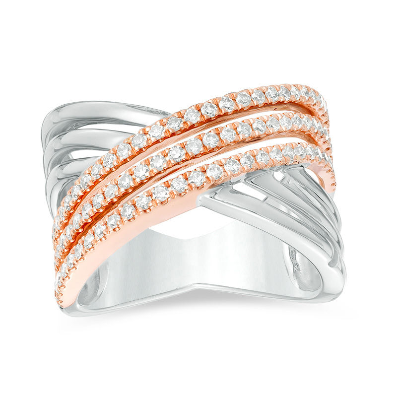 Main Image 1 of Vera Wang Love Collection 1/2 CT. T.W. Diamond Crossover Ring in Sterling Silver and 14K Rose Gold