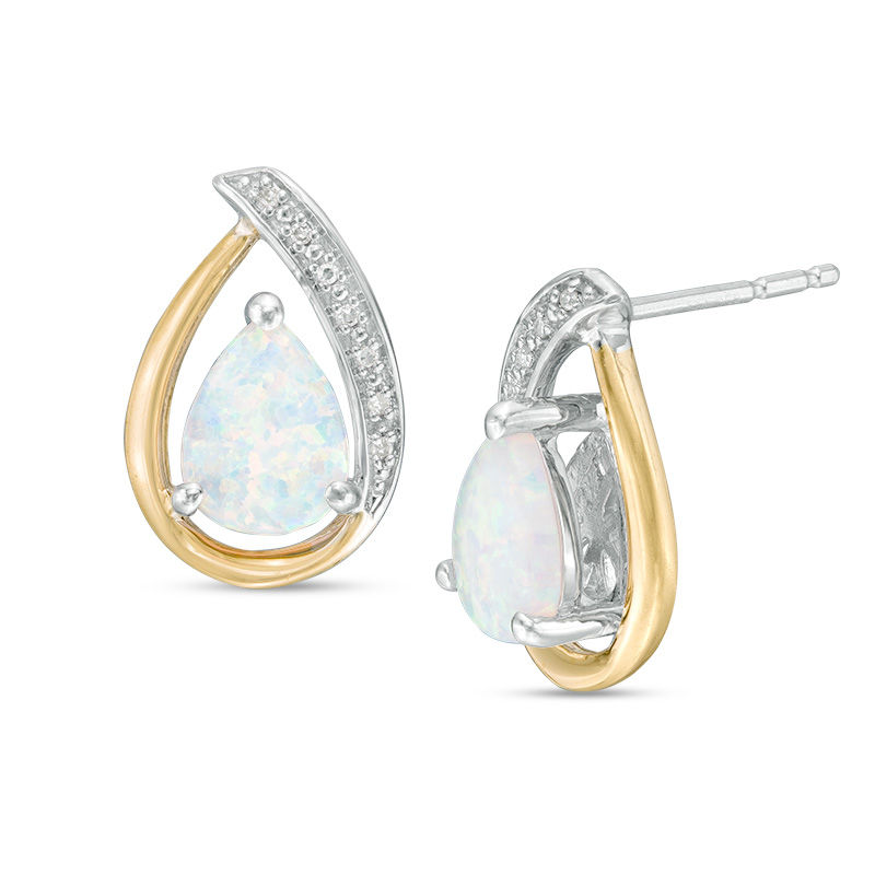 Main Image 1 of Pear-Shaped Lab-Created Opal and Diamond Accent Drop Earrings in Sterling Silver and 14K Gold