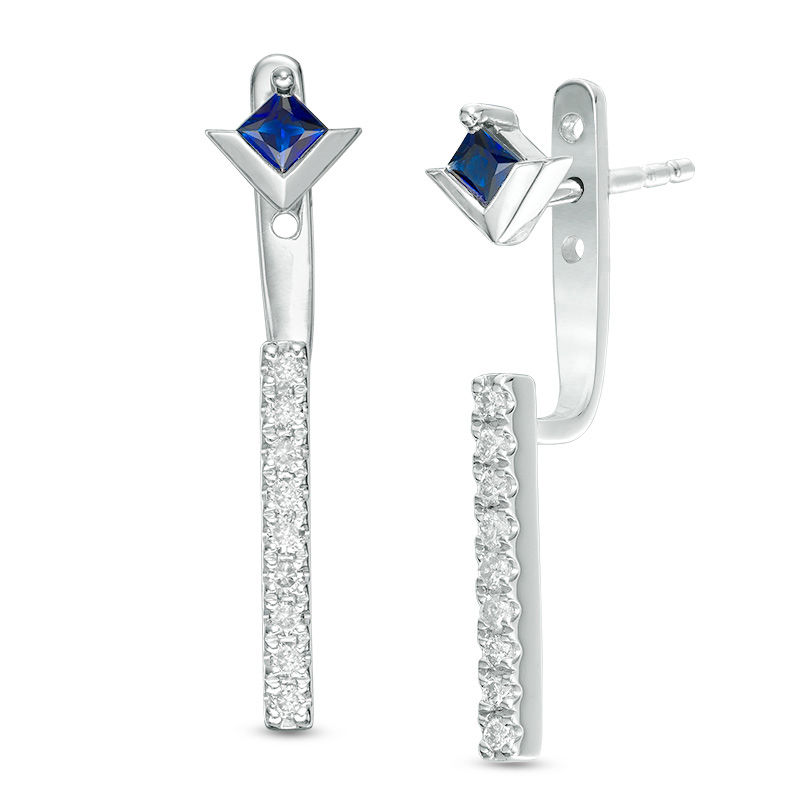 Vera Wang Love Collection Blue Sapphire and 0.18 CT. T.W. Diamond Stud Earrings with Drop Jackets in Sterling Silver
