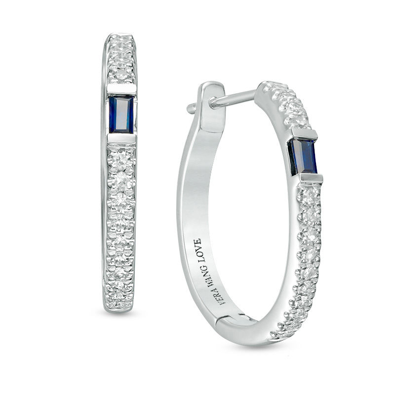 Main Image 1 of Vera Wang Love Collection Baguette Blue Sapphire and 1/5 CT. T.W. Diamond Hoop Earrings in 14K White Gold