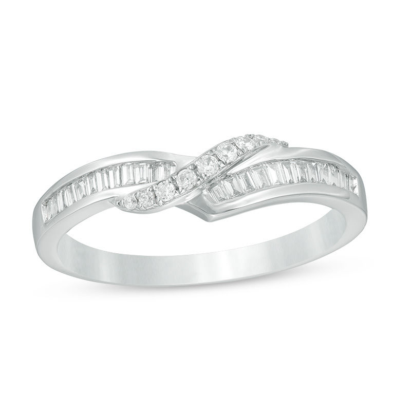 Main Image 1 of 1/4 CT. T.W. Baguette and Round Diamond Contour Anniversary Band in 14K White Gold