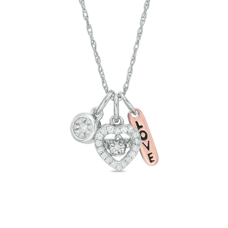 Main Image 1 of 1/10 CT. T.W. Diamond Three-Charm Pendant in Sterling Silver with 14K Rose Gold Plate