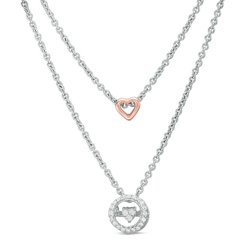 Main Image 1 of 1/10 CT. T.W. Diamond Double Strand Necklace in Sterling Silver and 14K Rose Gold Plate