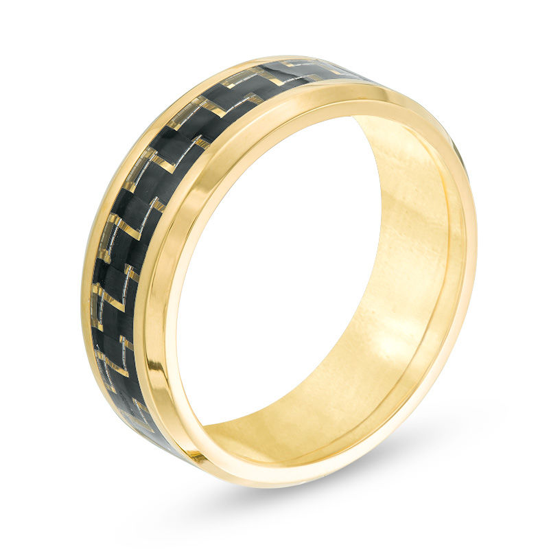 Men's 8.0mm Comfort Fit Carbon Fiber Yellow IP Stainless Steel Band - Size 10