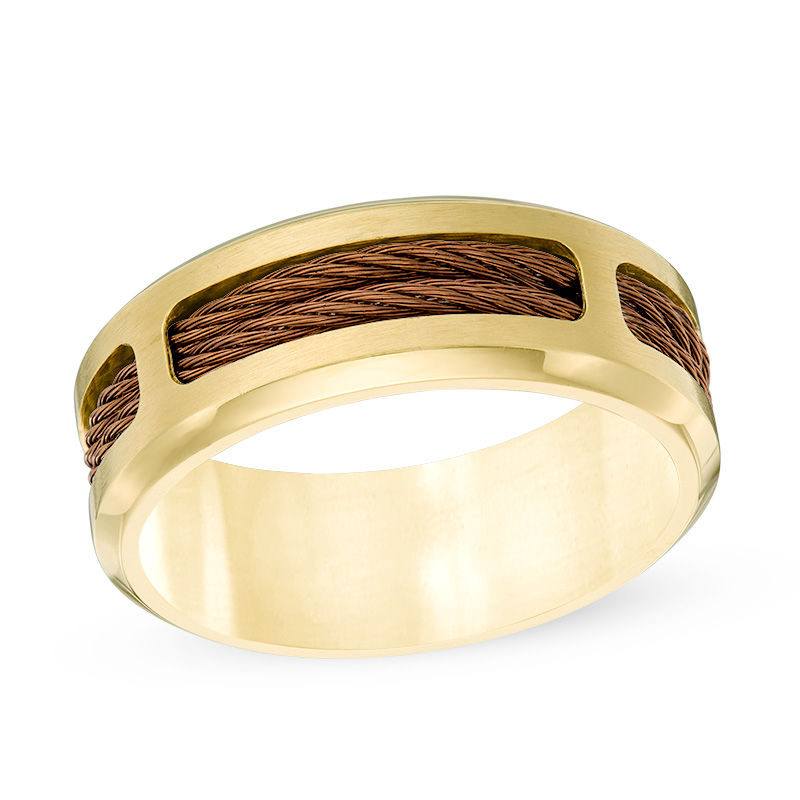 Main Image 1 of Men's 8.0mm Comfort Fit Brown IP Cable Inlay Yellow IP Stainless Steel Band - Size 10