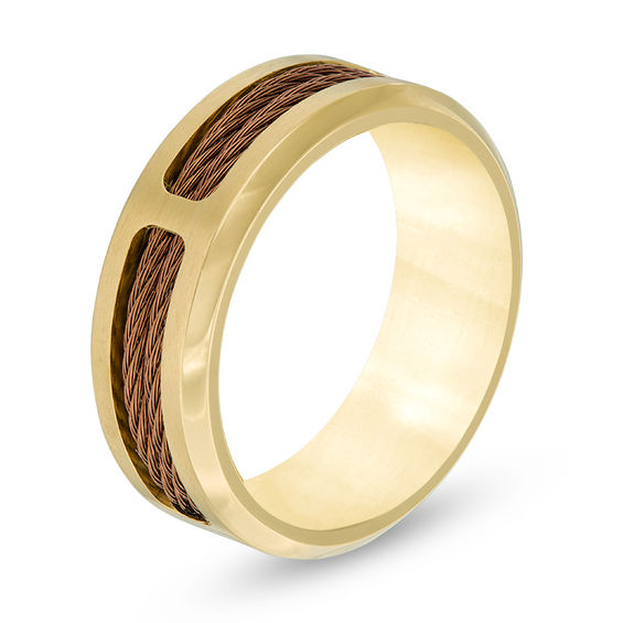 8.0mm Comfort Fit Brown IP Cable Inlay Yellow IP Stainless Steel Band - Size 10