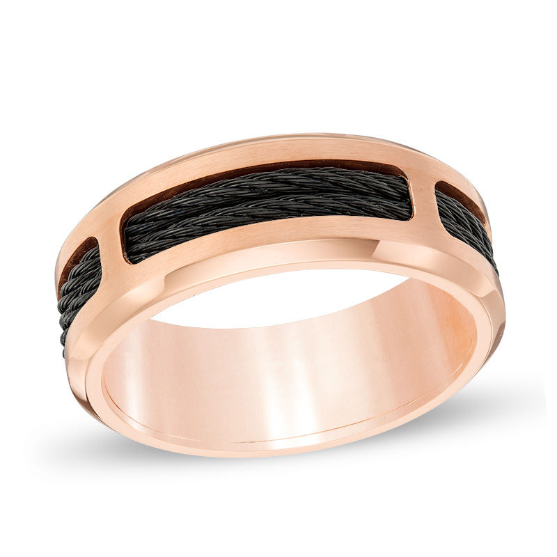 Main Image 1 of 8.0mm Comfort Fit Black IP Cable Inlay Rose IP Stainless Steel Band - Size 10