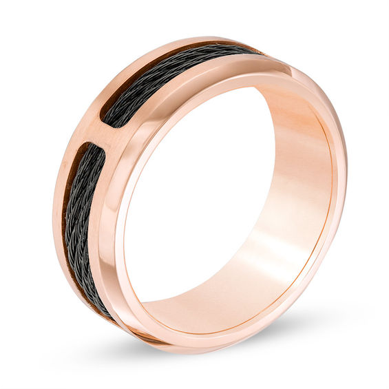 8.0mm Comfort Fit Black IP Cable Inlay Rose IP Stainless Steel Band - Size 10