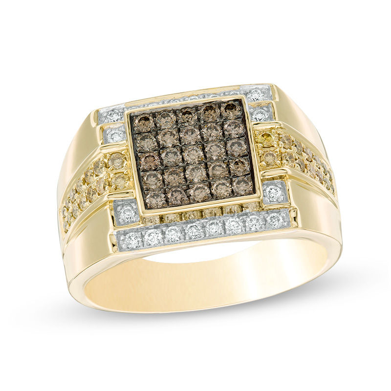 Main Image 1 of Men's 1 CT. T.W. Composite Enhanced Yellow, Champagne and White Diamond Square Top Ring in 10K Gold