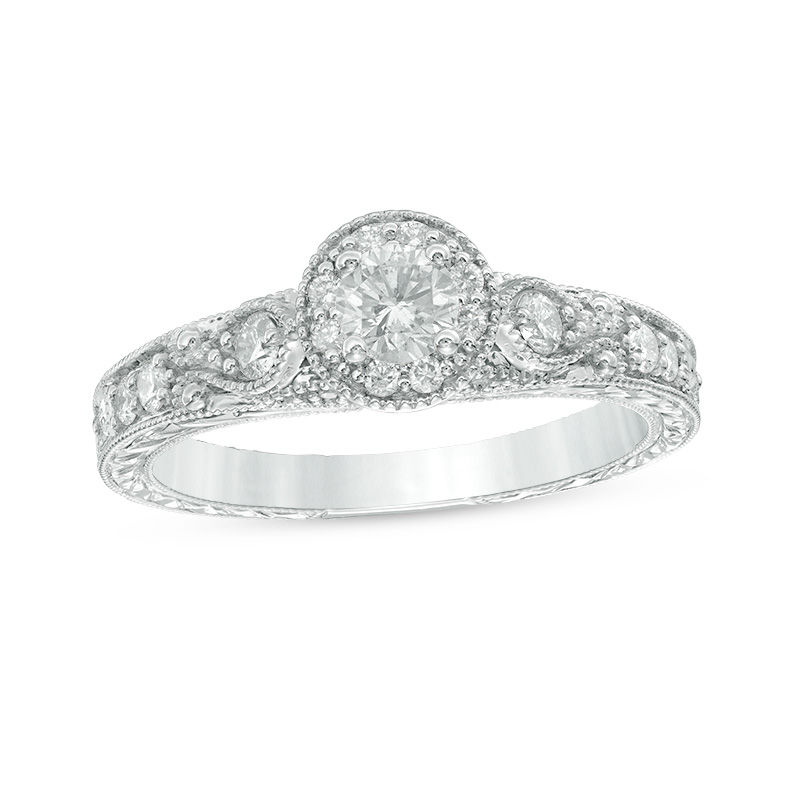 Main Image 1 of 1/2 CT. T.W. Diamond Frame Vintage-Style Engagement Ring in 10K White Gold