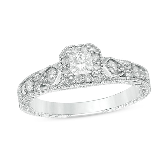 1/2 CT. T.w. Princess-Cut Diamond Frame Vintage-Style Engagement Ring in 10K White Gold