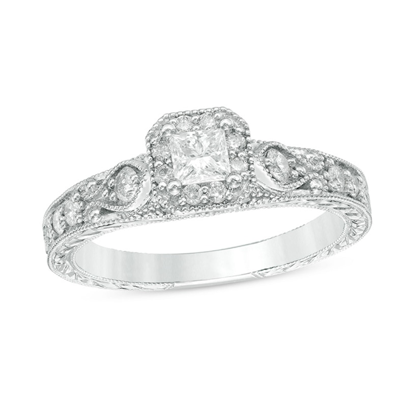 Main Image 1 of 1/2 CT. T.W. Princess-Cut Diamond Frame Vintage-Style Engagement Ring in 10K White Gold