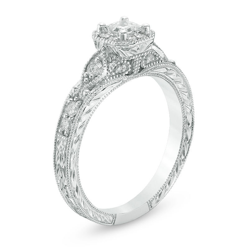 Main Image 2 of 1/2 CT. T.W. Princess-Cut Diamond Frame Vintage-Style Engagement Ring in 10K White Gold