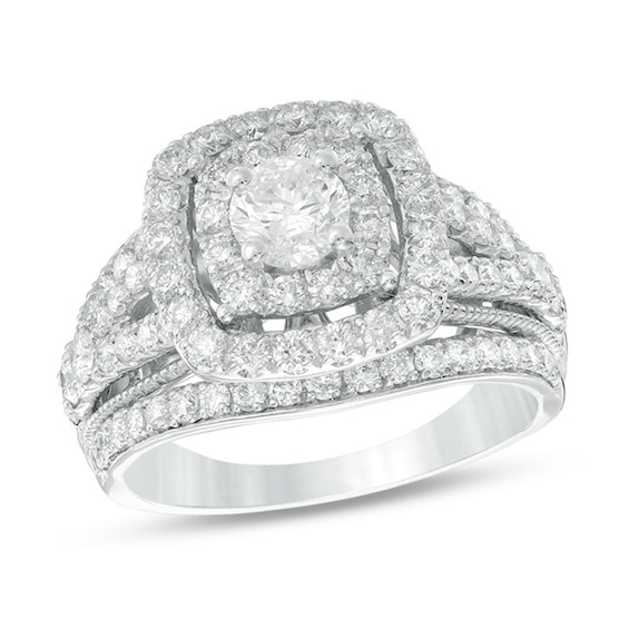 2 CT. T.w. Diamond Double Frame Multi-Row Vintage-Style Engagement Ring in 14K White Gold