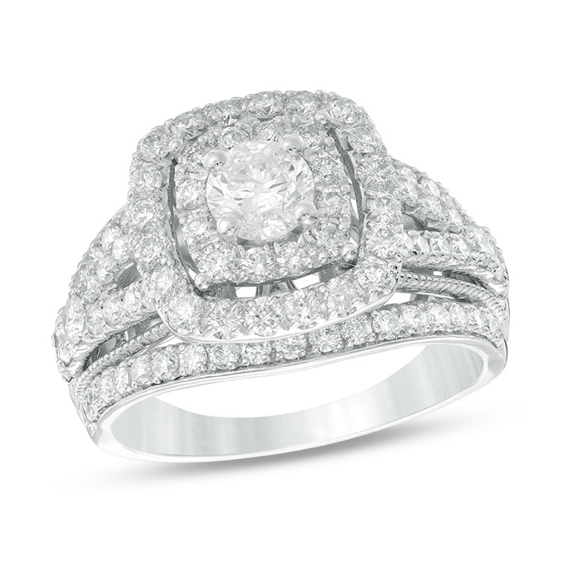 2 CT. T.W. Diamond Double Frame Multi-Row Vintage-Style Engagement Ring in 14K White Gold