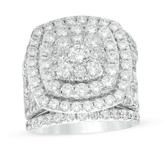 6 CT. T.w. Diamond Double Cushion Frame Multi-Row Three Piece Bridal Set in 14K White Gold
