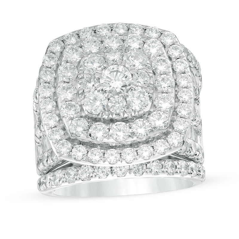 Main Image 1 of 6 CT. T.W. Diamond Double Cushion Frame Multi-Row Three Piece Bridal Set in 14K White Gold