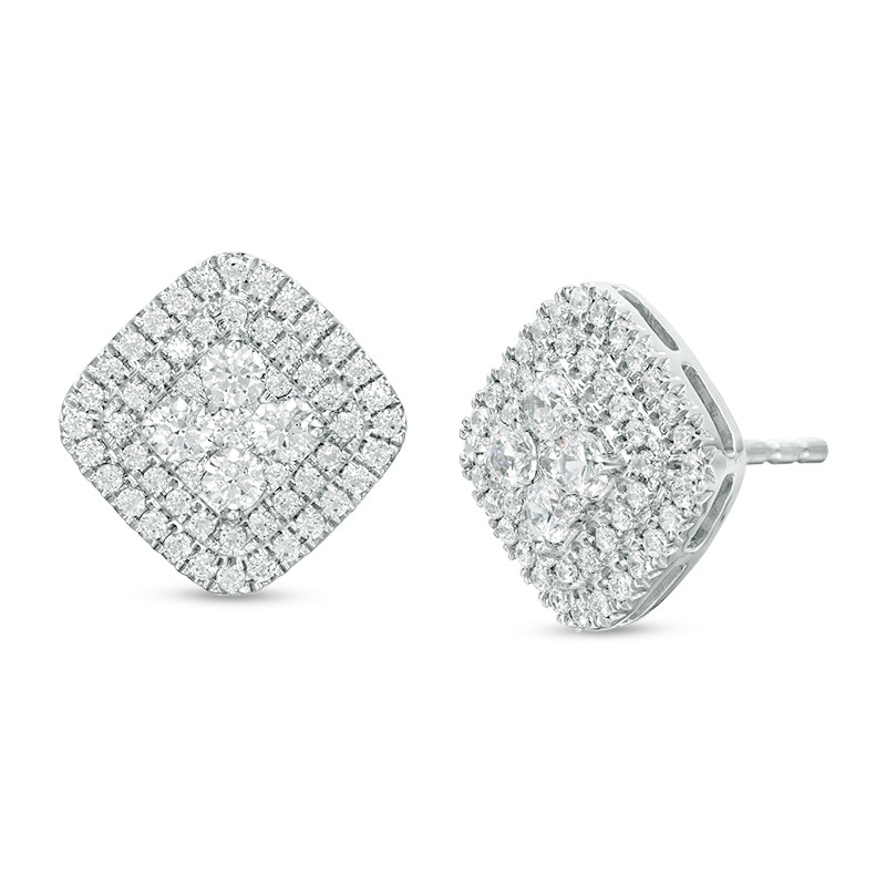 1 CT. T.W. Cushion Multi-Diamond Double Frame Stud Earrings in 10K White Gold