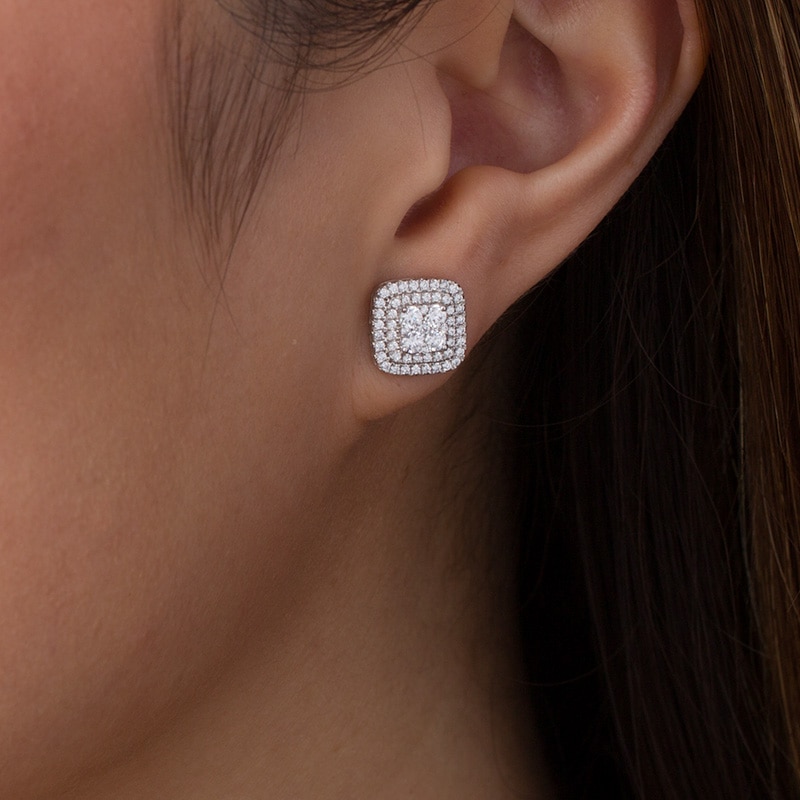 Main Image 2 of 1 CT. T.W. Cushion Multi-Diamond Double Frame Stud Earrings in 10K White Gold