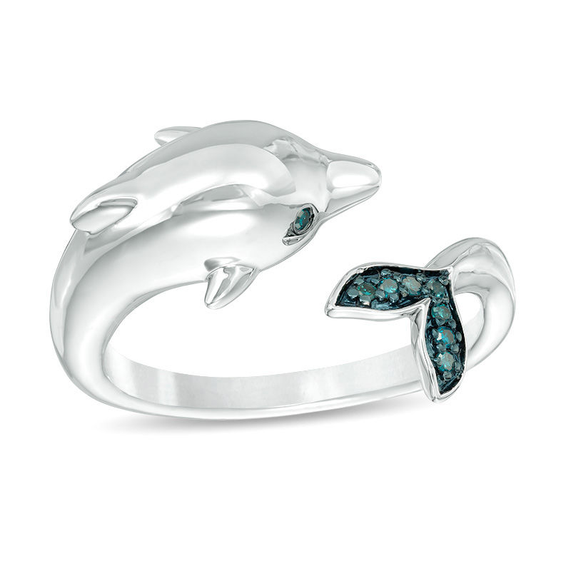 Main Image 1 of 1/20 CT. T.W. Enhanced Blue Diamond Dolphin Open Ring in Sterling Silver