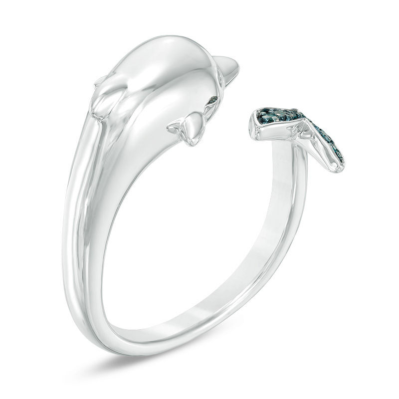 Main Image 2 of 1/20 CT. T.W. Enhanced Blue Diamond Dolphin Open Ring in Sterling Silver