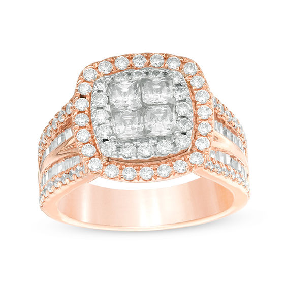 2 CT. T.w. Quad Princess-Cut Diamond Double Frame Multi-Row Engagement Ring in 14K Two-Tone Gold