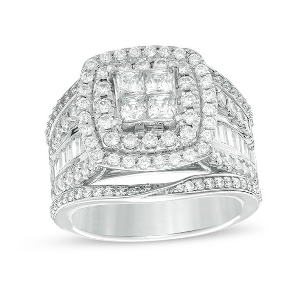 2-1/2 CT. T.w. Quad Princess-Cut Diamond Double Frame Multi-Row Engagement Ring in 14K White Gold