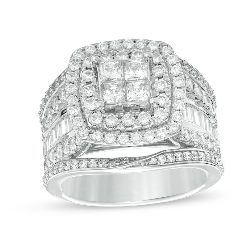 Main Image 1 of 2-1/2 CT. T.W. Quad Princess-Cut Diamond Double Frame Multi-Row Engagement Ring in 14K White Gold