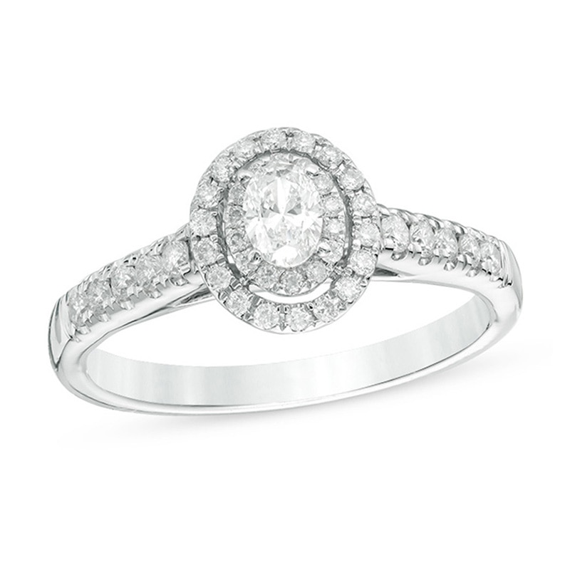 1/2 CT. T.W. Oval Diamond Double Frame Engagement Ring in 14K White ...