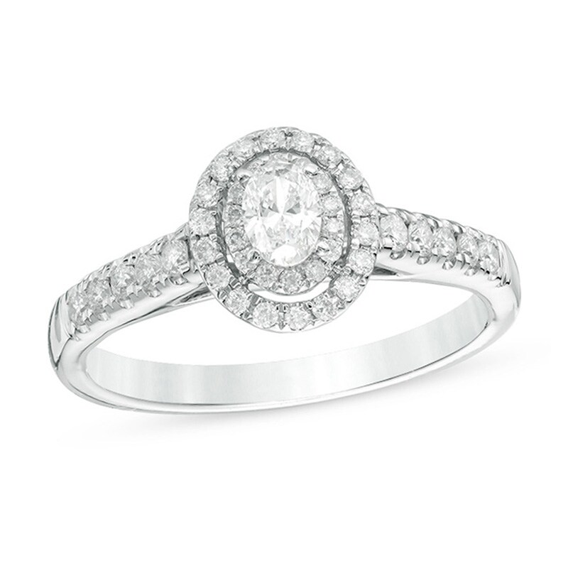 Main Image 1 of 1/2 CT. T.W. Oval Diamond Double Frame Engagement Ring in 14K White Gold