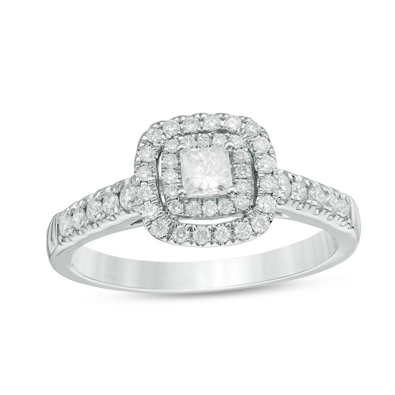 Main Image 1 of 1/2 CT. T.W. Princess-Cut Diamond Double Frame Engagement Ring in 14K White Gold