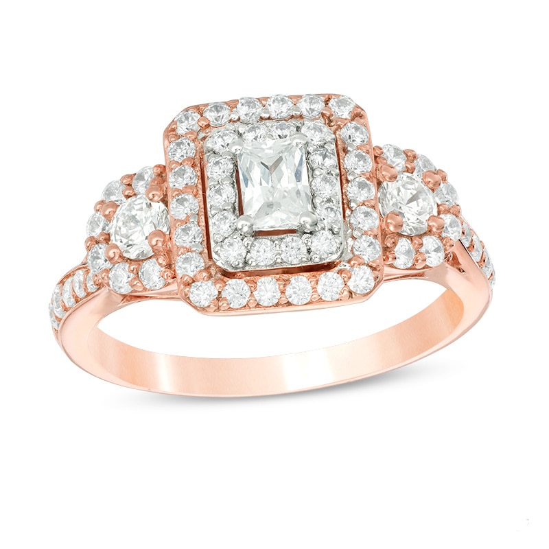 1 CT. T.W. Certified Emerald-Cut Diamond Past Present Future® Frame Engagement Ring in 14K Rose Gold