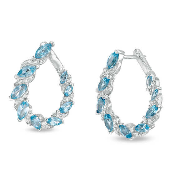Marquise Blue Topaz and 1/10 CT. T.W. Diamond Twist Hoop Earrings in