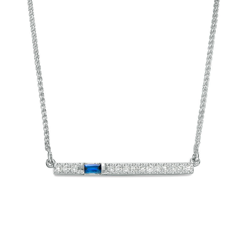 Vera Wang Love Collection Baguette Blue Sapphire and 1/15 CT. T.W. Diamond Bar Necklace in 14K White Gold - 19"