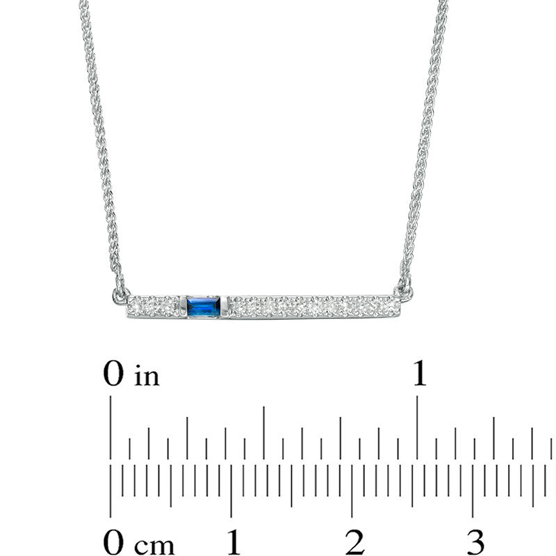 Vera Wang Love Collection Baguette Blue Sapphire and 1/15 CT. T.W. Diamond Bar Necklace in 14K White Gold - 19"