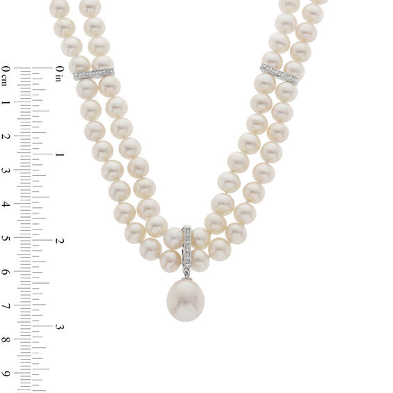 6.0-11.0mm Freshwater Cultured Pearl and 1/10 CT. T.w. Diamond Double Strand Necklace with 14K White Gold