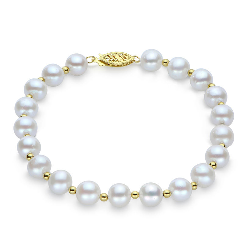 7.0-7.5mm Oval Freshwater Cultured Pearl and 10K Gold Bead Strand Bracelet-7.5"
