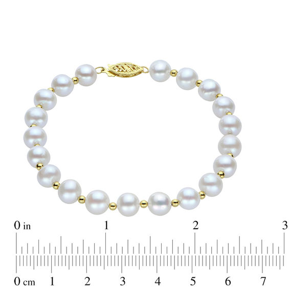 7.0-7.5mm Oval Freshwater Cultured Pearl and 10K Gold Bead Strand Bracelet-7.5"